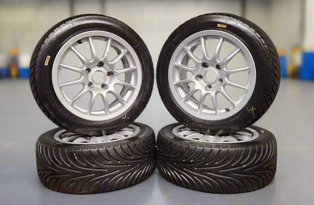 5 X 110 Team Dynamics Pro Race 1.2,  15" Alloy Wheels & Goodyear (Dunlop) Full Wet Tyres. (Set of 4)